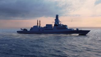 Tegning av en seilende Type 26-fregatt med et helikopter. <span>llustrasjon: BAE Systems</span>