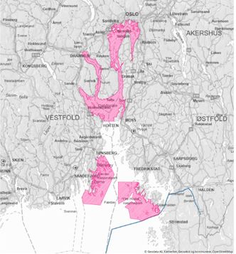 Kart over Oslofjorden, de markerte områdene er der regjeringen innfører nullfiskeområder og en rekke andre fiskeritiltak for å styrke fiskebestandene og økosystemet. Illustrasjon: Geodata / NTB
