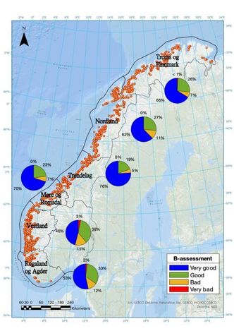 Oransje prikker viser plasseringen av lakseoppdrettsanlegg. Kakediagrammene viser miljøtilstanden på fylkesnivå, klassifisert etter B-undersøkelsen i 2020. Illustrasjon: Chun-Deng Wang og Yngvar Olsen/NTNU