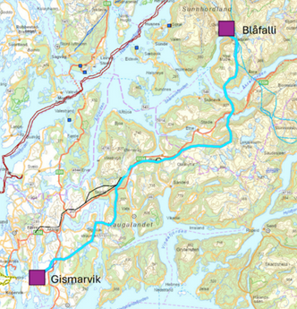 Oversiktskart over Blåfalli - Gismarvik-linjen. Foto:  NVE