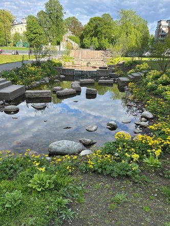 Dette er Klosterenga park i Oslo. Hovinbekken, som renner gjennom parken, har vært det mest lukkede vassdraget i Oslo. Åpne bekker kan ta unna store vannmengder og bidrar til dyre- og planteliv i byen. Foto: Ida Rambæk/Sintef
