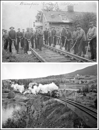 Banemannskaper på Hovedbanen med banevokterboligen på Kløfta i bakgrunnen og godstog i Horgenvika sør for Jaren. Foto:  Herman Neupert/Norsk jernbanemuseum