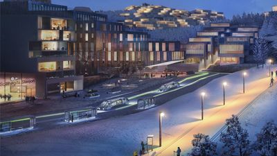 Slik ser utbyggerne av Sollihøgda plussby for seg at stasjonsområdet i det planlagte byprosjektet kan bli seende ut.