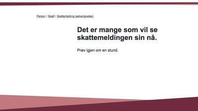 Feilmelding på skjerm: "Det er mange som vil se skattemeldlingen sin nå. Prøv igjen om en stund."