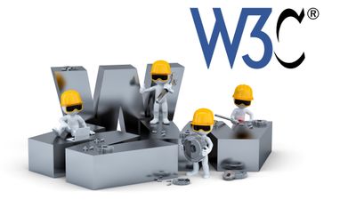 En gruppe med bygningsarbeidere i gang med å montere et WWW-skilt, med W3C-logoen over.