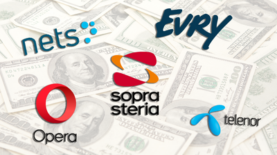 Montasje av penger i bakgrunnen, og logoene til Nets, Evry, Sopra Steria, Opera og Telenor foran. 