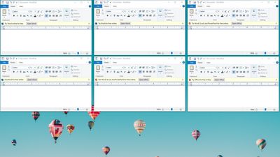 Seks ulike reklametekster i Wordpad, som Microsoft prøver ut i betautgaven av Windows 10 Pro.