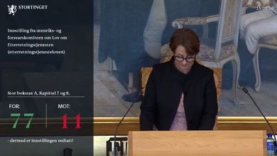 Stortingspresidenten som avholder votering, med grafikk over voteringsresultatet. 