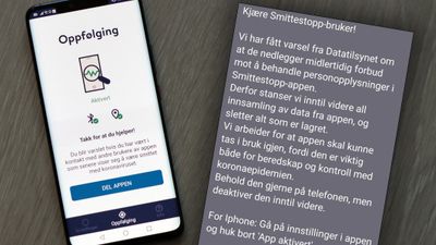 Smittestopp-app på android-telefon og skjermbilde av sms fra FHI.