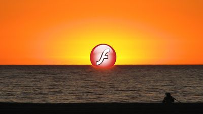 Logoen til Adobe Flash Player forsvinner ned i havet. Solnedgang.