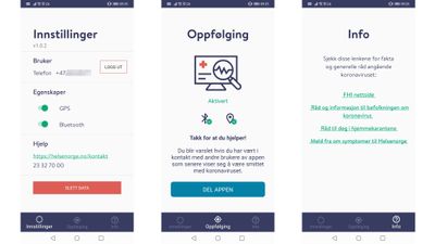 Smittestopp-appen har tre enkle skjermbilder og er først og fremst ment å kjøre uforstyrret i bakgrunnen.