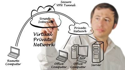 Mann tegner et enkelt diagram over hvordan Virtual Private Network fungerer.