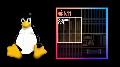 Apple M1-prosessor og Linux-maskoten Tux.