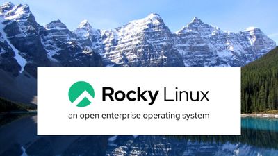 Logoen til Rocky Linux foran fjell i Rocky Mountains.