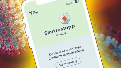 Smittestopp-appen med illustrasjonsbilde av koronavirus i bakgrunnen.