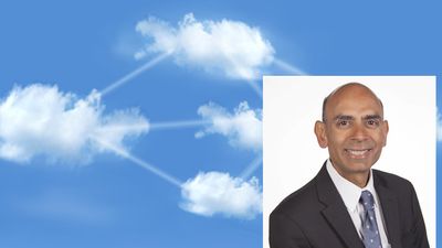 Analytikerdirektør Sanjeev Mohan i Gartner innfelt foran flere sammenkoblede skyer.
