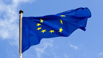 EU-flagget som vaier i vinden foran en blå hummel
