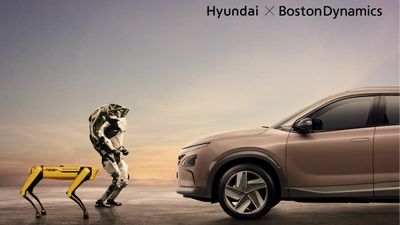 To roboter, en på to og en på fire bein sår på venstre side og ser mot en Hyundai på høyre side. Øverst i Høyre hjørne står det Hyundai x Boston Dynamics