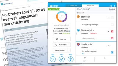 Ved å bruke nettlesertillegget Ghostery får man enkelt en oversikt over sporingstjenester på Forbrukerrådets nettsider.