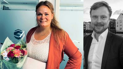 Gravid kvinne i hvit kjole og oransje jakke med blomsterbukett - collage med mann i dress.