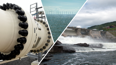 Collage av gassrør, offshore vindturbiner og vannkraft.