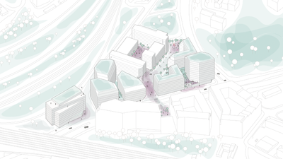 Skisse av første etappe i byggingen av den nye bydelen Södra Hagalund på Solna utenfor Stockholm.