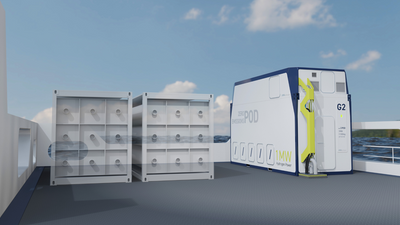 Containeren til høyre, kalt Zero Emission Pod , innehold er et komplett system med brenselceller (200 kW - maks 1 MW) samt ventilasjon, kjøling, sikkerhetssystemer, kontrollsystem, DC/DC-drives, drivstoffdistribusjonssystem og andre tekniske installasjoner.