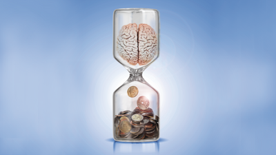 Tegning av timeglass med en hjerne øverst og penger nederst.
