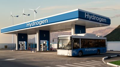 Illustrasjon ac hydrogentankestasjon med buss.