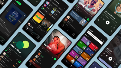 Ulike skjermbilder med mobilappen til Spotify.