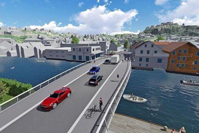 Slik kan den nye bybrua i Flekkefjord se ut. Seks firmaer har meldt sin interesse for å prosjektere den. (Ill: Multiconsult/NUNO arkitektur)