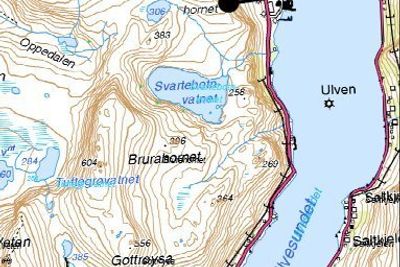 Vegstrekningen som skal utbedres ligger mellom de svarte sirklene. Fjellet Skåra er den 269 meter høye toppen som ligger rett øst for Brurahornet. (Ill.: Statens vegvesen)