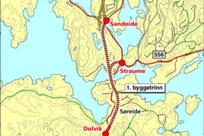 Elektroinstallasjonene skal utføres mellom Dolvik og Sandeide. Tunnelsystemet er langt mer omfattende enn dette kartet gir inntrykk av. Tunnelen får to 2,5 km lange hovedløp, og over 1,6 km ramper. (Ill.: Statens vegvesen)