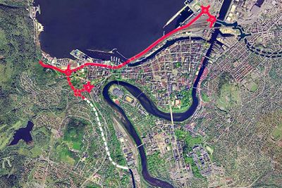 Nordre avlastningsveg har flere oppgaver. En av dem er å flytte trafikken mellom havneområdene vekk fra sentrumsgatene. Nå er det klart at Trondheim må leve med den trafikken helt til sommeren 2010. (Ill.: Statens vegvesen)
