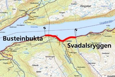 Ikke mindre enn 200 000 kbm skal ta ut på den 2,6 km lange strekningen mellom Busteinbukta og Svadalsryggen. (Ill.: Statens vegvesen).