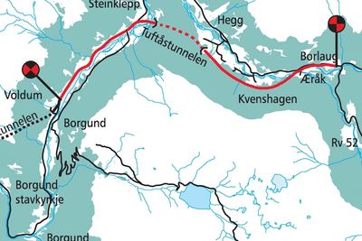 Den nye vegen mellom Voldum og Borlaug er markert med rødt. Den vil føre til den vesentlig standardheving på E 16. Snarvegen gjennom den 1,9 km lange Tuftåstunnelen fører dessuten til at vegen blir kortet inn med 2,2 km.