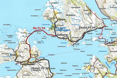 Den røde linjen markerer fyllingene og brua mellom de to øyene. Etter den nye forsinkelsen er det klart at ferga mellom Linesøya og fastlandet ikke får avløsning før mot slutten av året. (Ill.: Statens vegvesen)