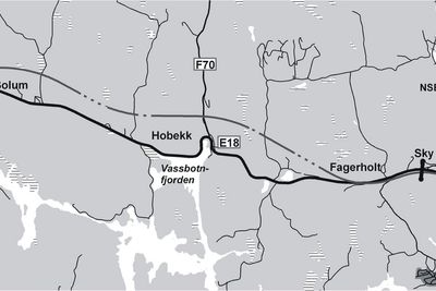 Det meste av E 18 mellom Sky og Langangen ligger i Vestfold fylke. En liten strekning lengst vest ligger i Telemark. (Ill.: Statens vegvesen)