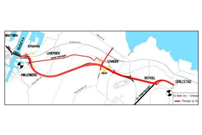Den kraftige røde linjen viser E 6-parsellen Nidelv bru-Grillstad. Strindheimtunnelen utgjør den vestre halvparten av denne parsellen. (ill.: Statens vegvesen)