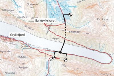Ballesvikskartunnelen er markert med stiplet svart linje. Den drives av NCC, som også har gitt det laveste anbudet på støp av portalene. (Ill.: Statens vegvesen)