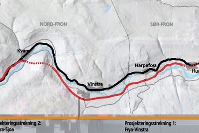 Strekningen Frya-Vinstra som den veiledende kunngjøringen gjelder, er til høyre for den loddrette streken. Hvis Stortinget vil, blir anleggsarbeidet utlyst i desember. (Ill.: Statens vegvesen)