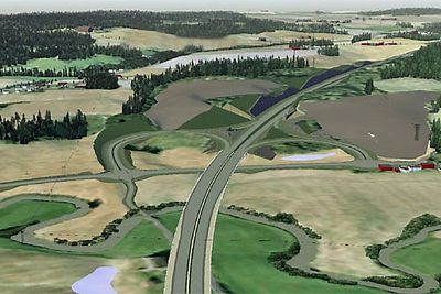Bildet viser det framtidige krysset mellom E 18 og fylkesveg 120. NCC skal anlegge vegen hvis ingen klager innen 6. januar. (Ill.: Rambøll)