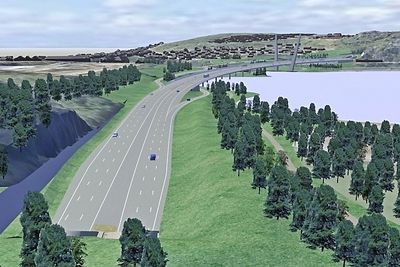 Slik vil den nye E18 se ut vest for Larvikstunnelen. Farrisbrua kan ses i bakgrunnen. (Ill.: Rambøll)