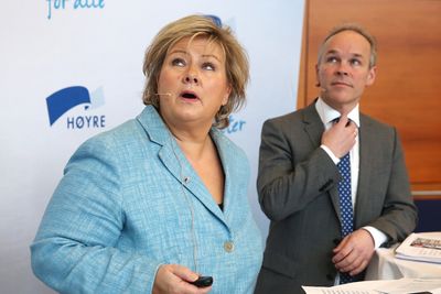 Fra pressekonferanse med Høyres-toppene Erna Solberg og Jan Tore Sanne. 