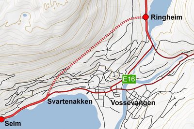 Den stiplete linjen viser traséen til Vangstunnelen. 1. februar er det anbudsfrist for elektro- og SRO-installasjoner i tunnelen. En uke senere er det anbudsfrist for samme arbeid i Hamnøytunnelen. (Ill.: Statens vegvesen)