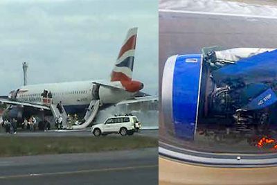 Her evakueres de 75 passasjerene fra A319-131-flyet fra British Airways. Til høyre er den høyre motoren rett etter landing. 