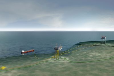 Gina Krog-feltet bygges ut med oljeeksport fra flytende lager to kilometer fra plattformen. Gassen eksporteres via Sleipner (i bakgrunnen). Nå er Gina Krog også forsinket fra Sør-Korea. 