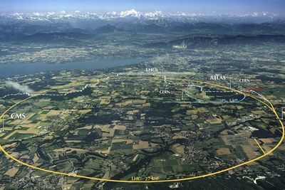 Partikkelakseleratoren LHC er en 28 kilometerlang ring hundre meter under bakken vest for Genève-sjøens sydspiss, i grenseområdet mellom Frankrike og Sveits. Ringen er antydet i gult. Det spisse fjellet i bakgrunnen er Alpenes høyeste topp, Mont Blanc.