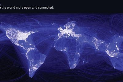 Facebooks erklærte misjon er å gjøre verden mer åpen og mer sammenknyttet. Her opplyses verdenskartet av intensiteten i Facebook-trafikken: Over 900 millioner brukere bidrar med over 3,2 milliarder "liker" og kommentarer daglig. De laster opp 300 millioner bilder hver dag, og det er til sammen 125 milliarder vennskapsbånd.