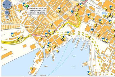 Post- og teletilsynets nye kartløsning viser mobilbasene fra alle norske mobiloperatører. Her et utsnitt over plasseringene i Oslo sentrum og Aker brygge.